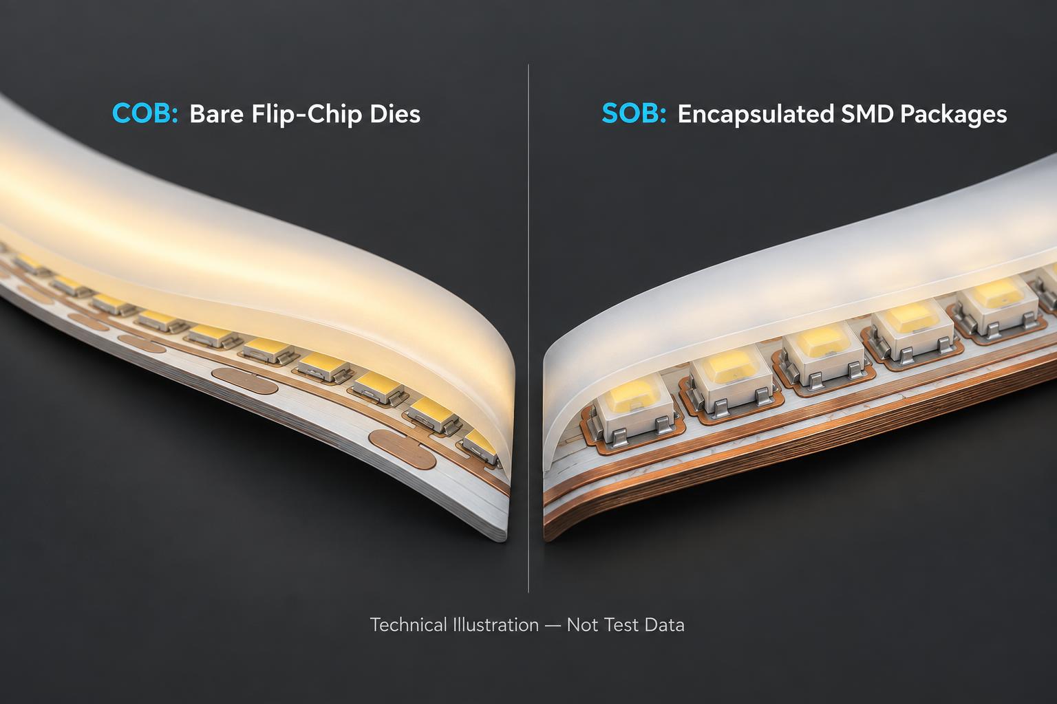Conceptual construction comparison of bare flip-chip COB and encapsulated SMD package SOB LED strips