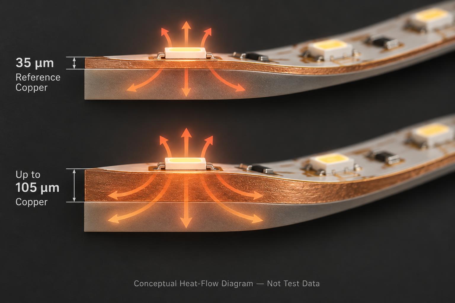 Conceptual heat-flow comparison between reference copper and a thicker LED strip copper layer