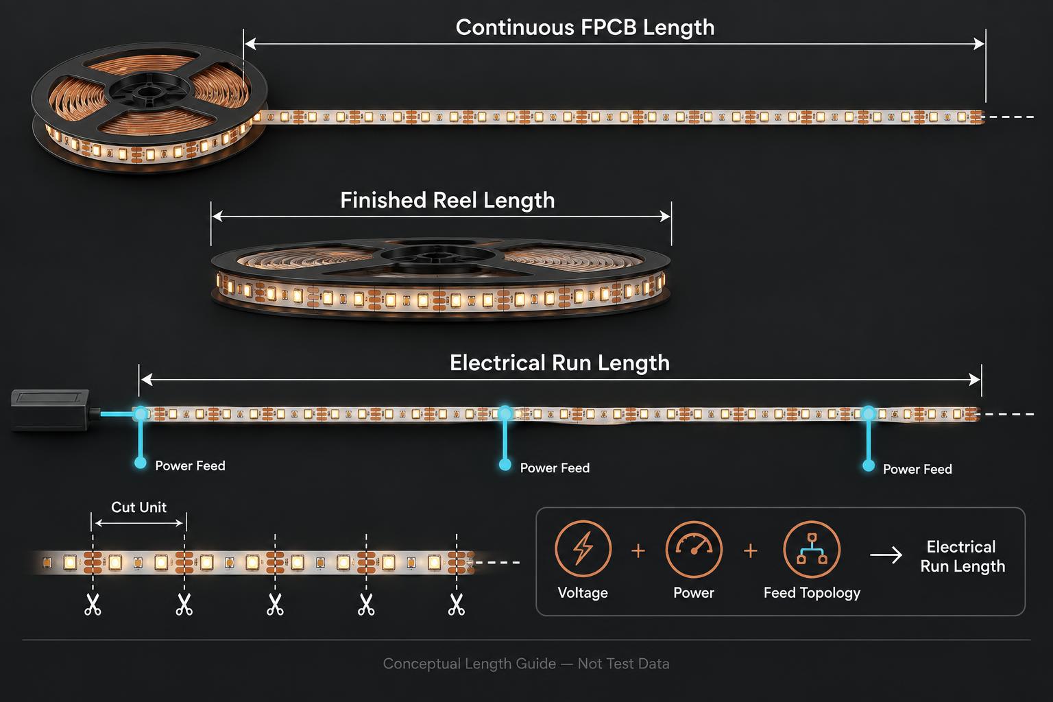 Conceptual guide distinguishing continuous FPCB length, reel length, electrical run length, cut unit and power feeds