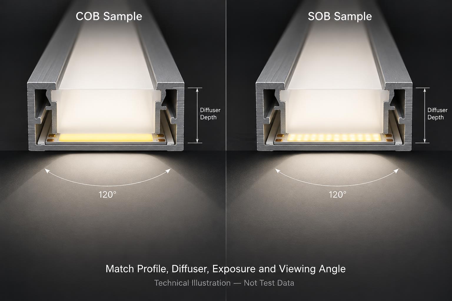 Conceptual equal-condition comparison of COB and SOB samples in matching aluminum profiles and diffusers