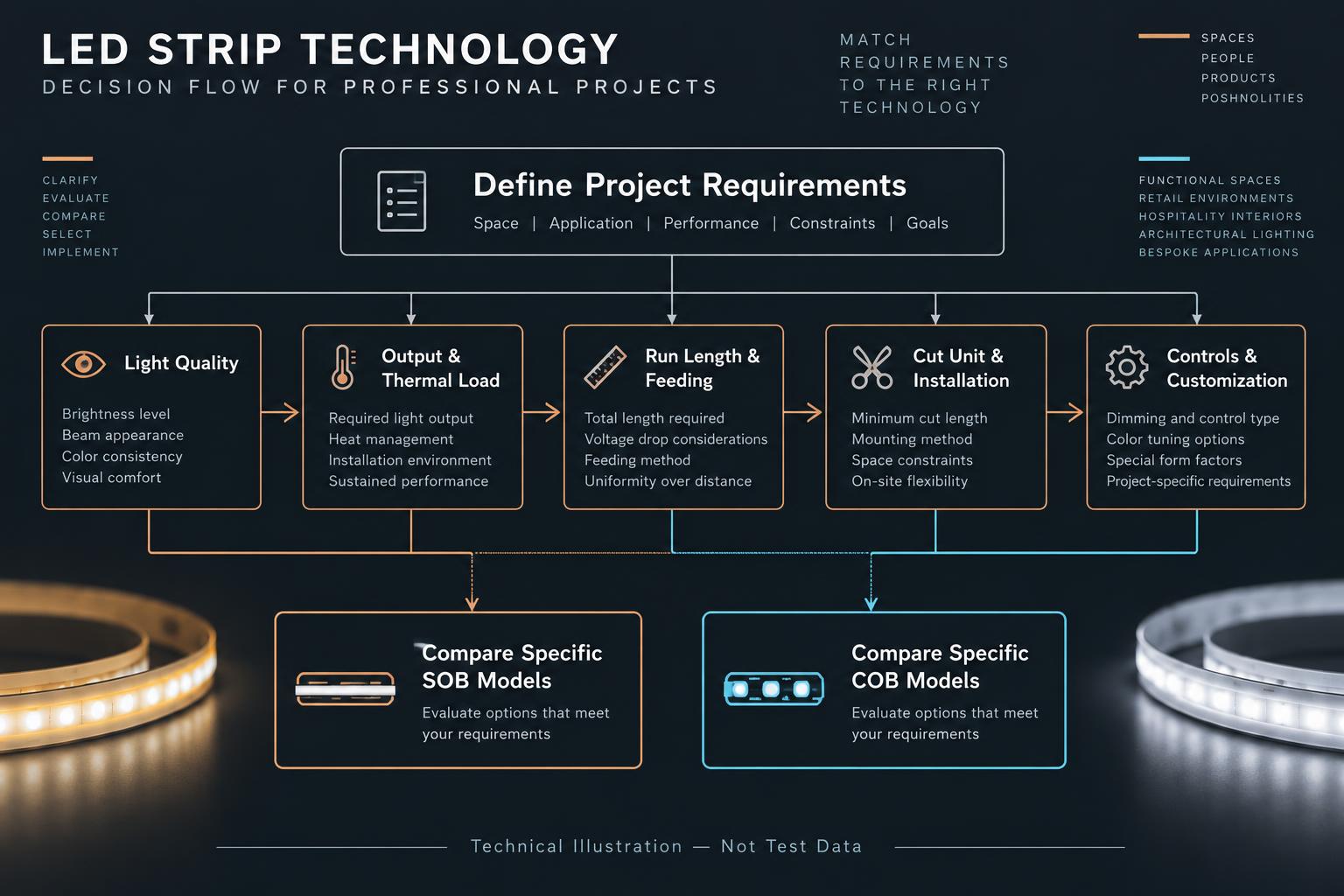 Decision workflow for comparing specific SOB and COB LED strip models by project requirements