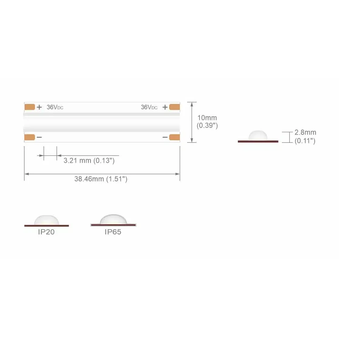 10mm | 8m | 312LEDs | 38.46cut | #15098 | 36V SOB Strip C.V. version ...