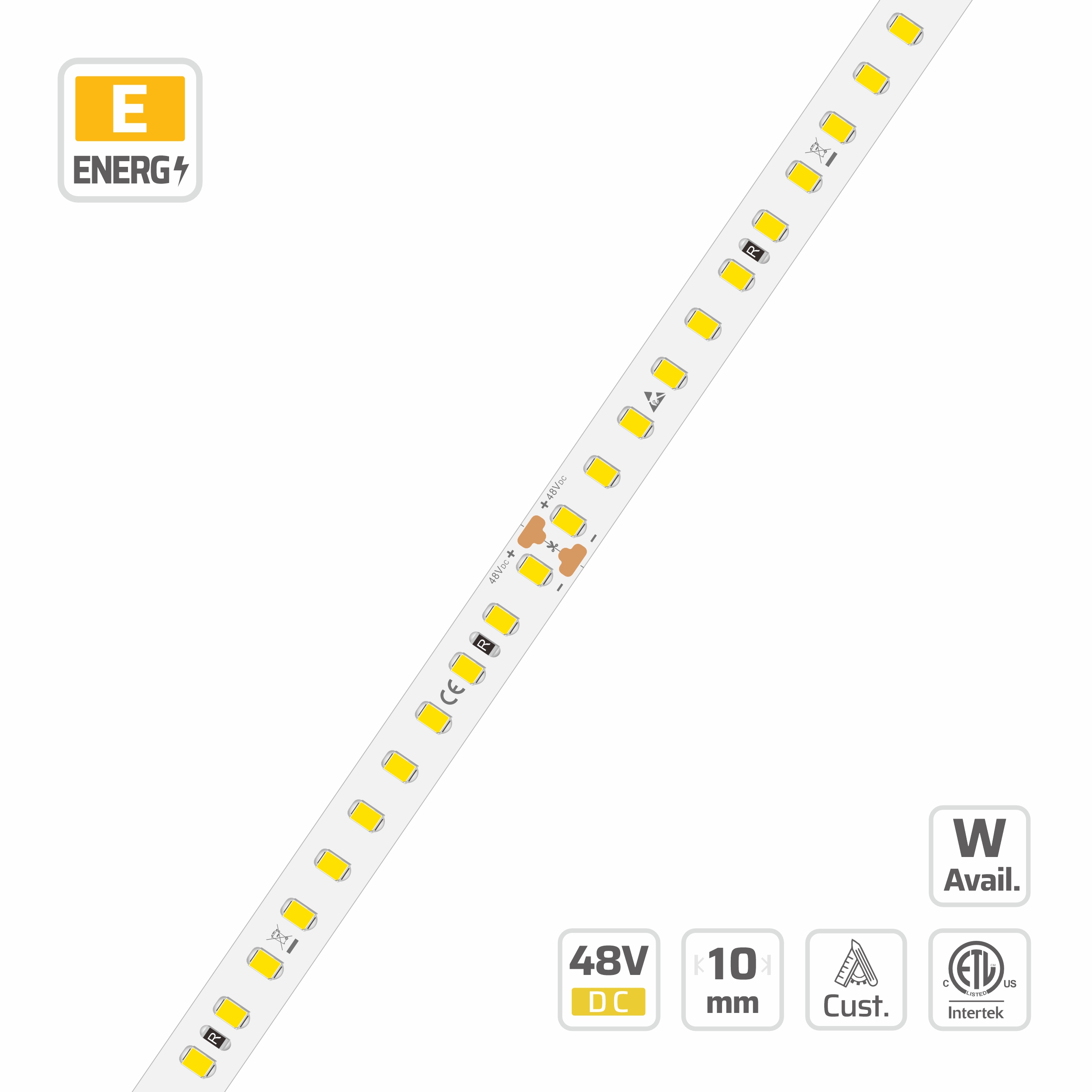 16799 High Efficiency LED Strips — 48V, cuttable every 125mm, 10mm FPCB width, 2835 LEDs, 128 LEDs/m