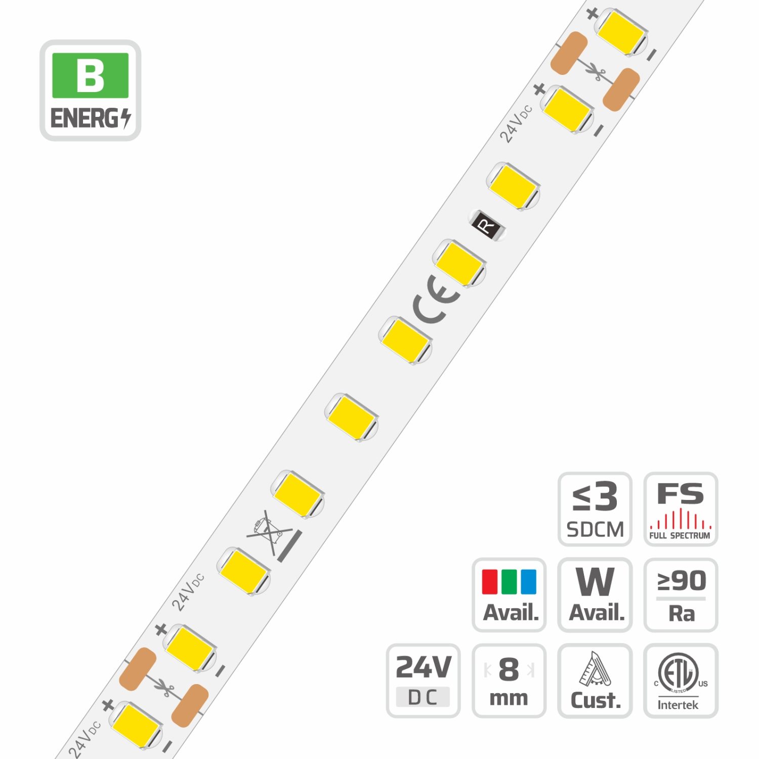 8mm | 24V | 128LEDs | 62.5cut | #10419 | 2835 High Lumen High Light Efficacy LED Strip Light