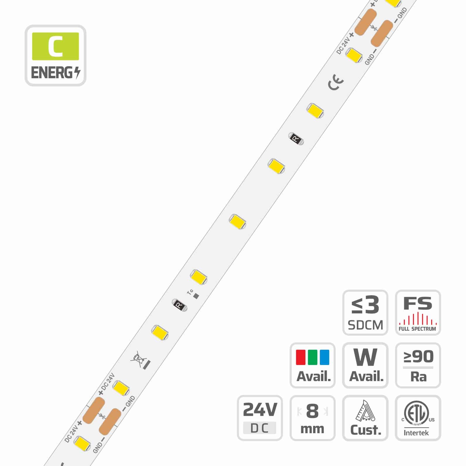 8mm | 24V | 70LEDs | 100mm/cut | #11076 | 2835 High Light Efficacy LED Strip Light