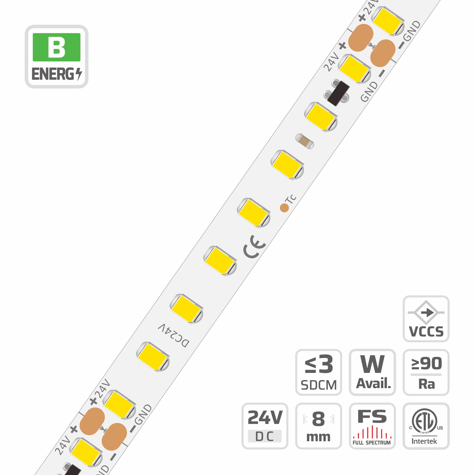 8mm | 24V | 128LEDs | 62.5cut | #7923 | 2835 C.C. High Light Efficacy LED Strip Light