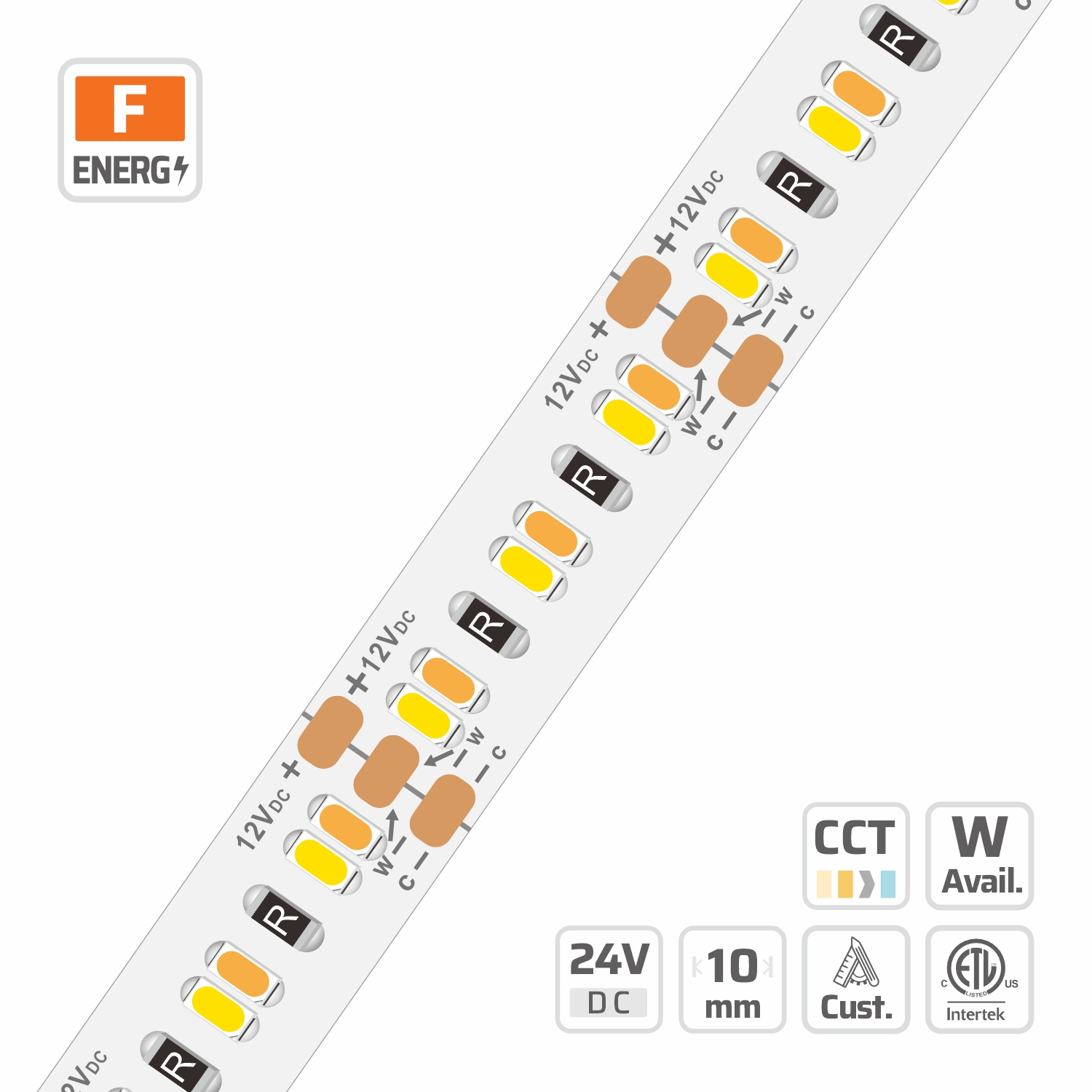 10mm | 12V | 228LEDs | 26.3mm/cut | #11318 | 3014 CCT LED Strip Light