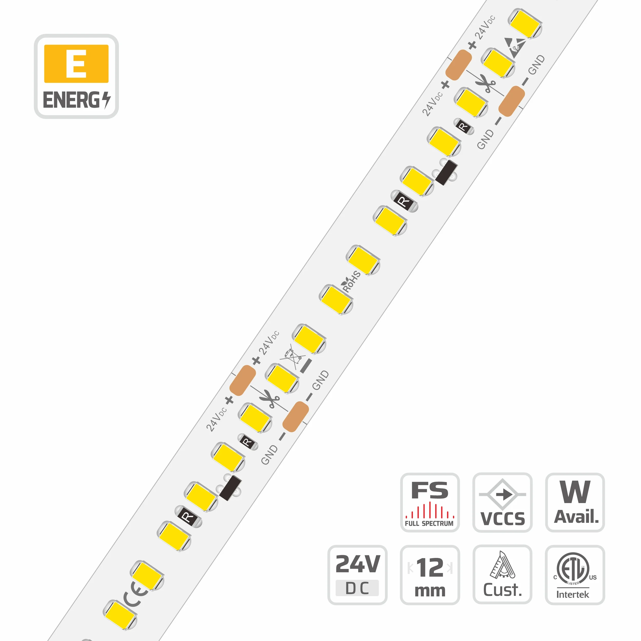 12mm | 24V | 160LEDs | 50mm/cut | #3410-F | 2835 C.C. Full Spectrum High Lumen High Light Efficacy LED Strip Light