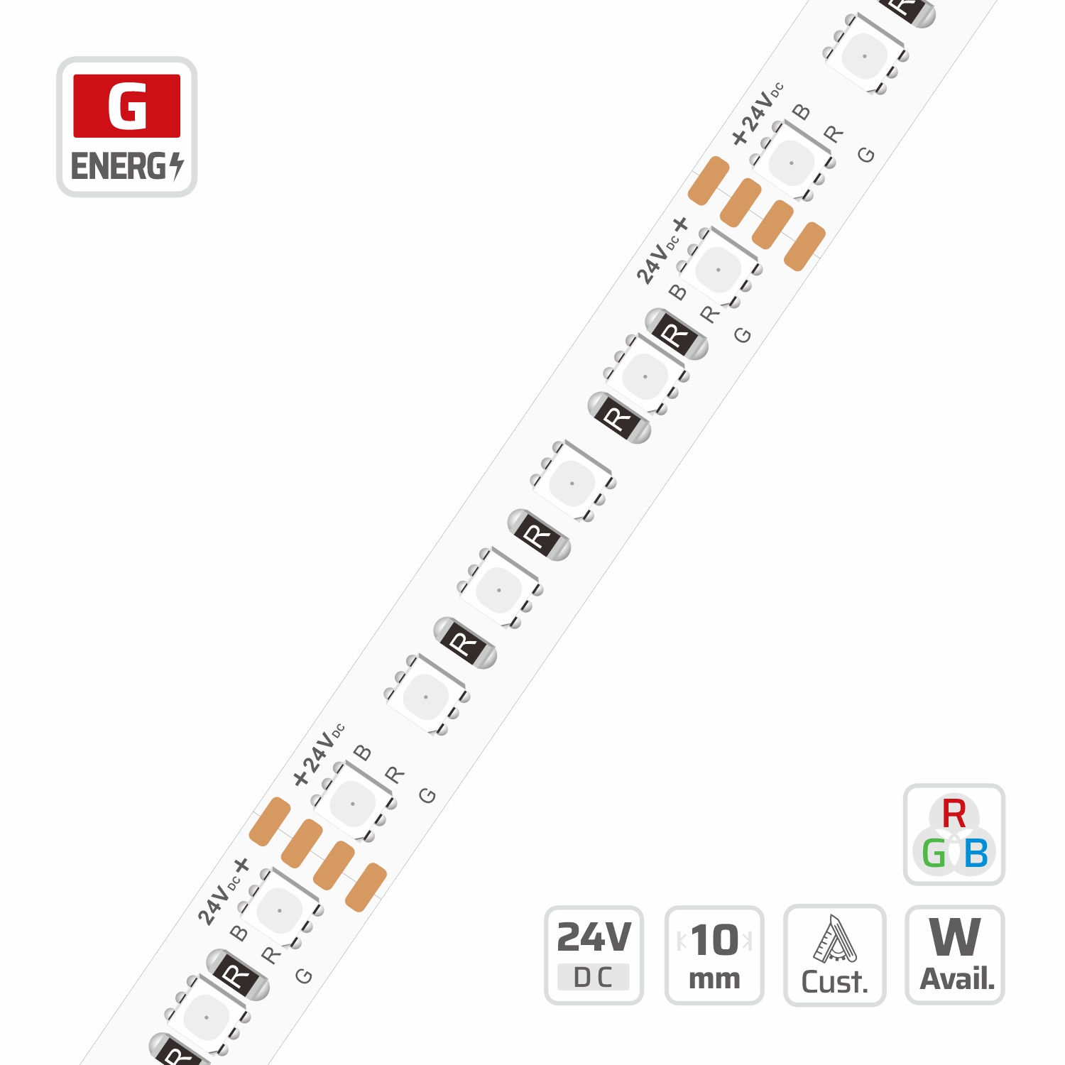 15144 rgb led strip — 24V, cuttable every 50mm, 10mm FPCB width, 3838 LEDs, 120 LEDs/m