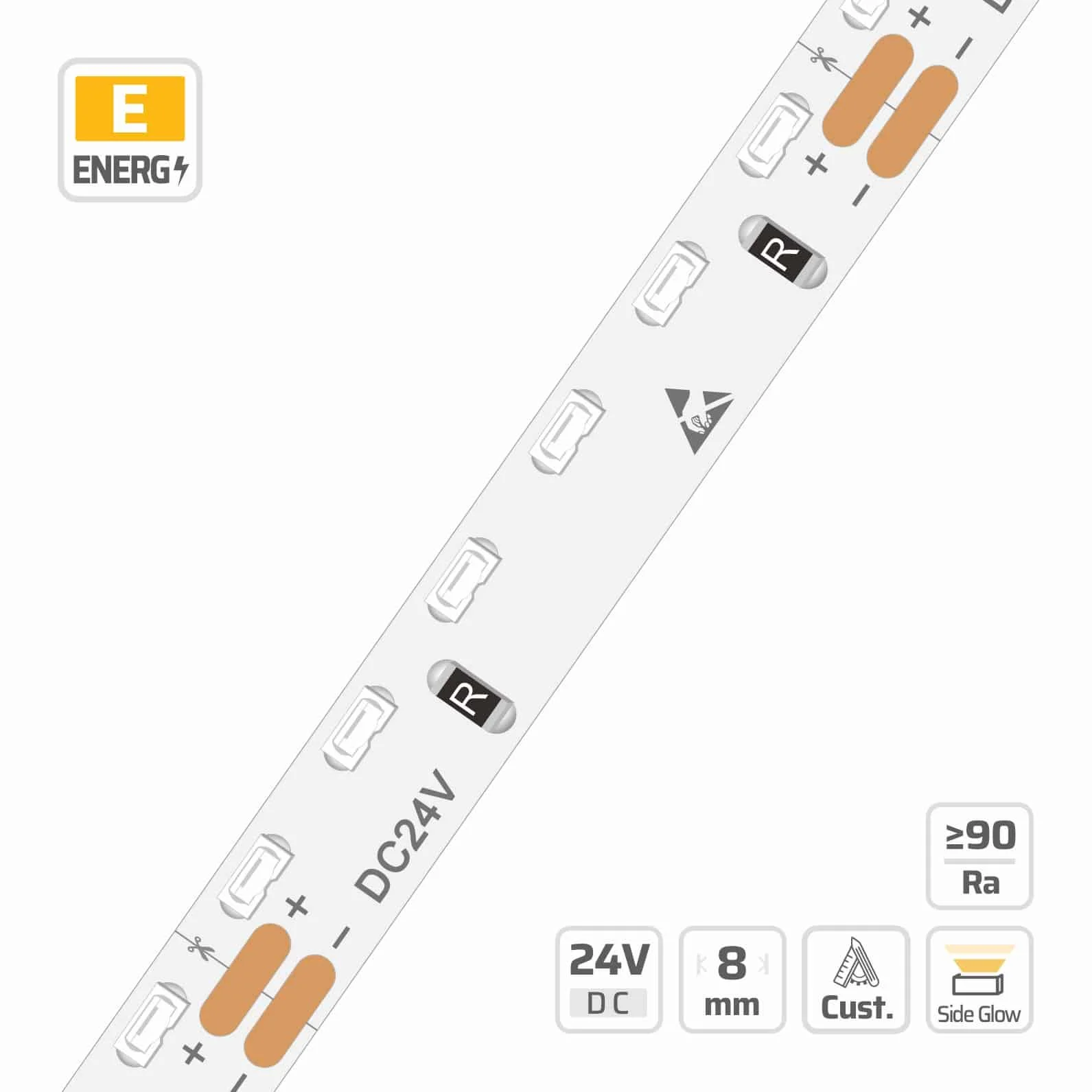 8mm | 24V | 120LEDs  | 50cut | #4712 | 3014 Side View LED Strip Light
