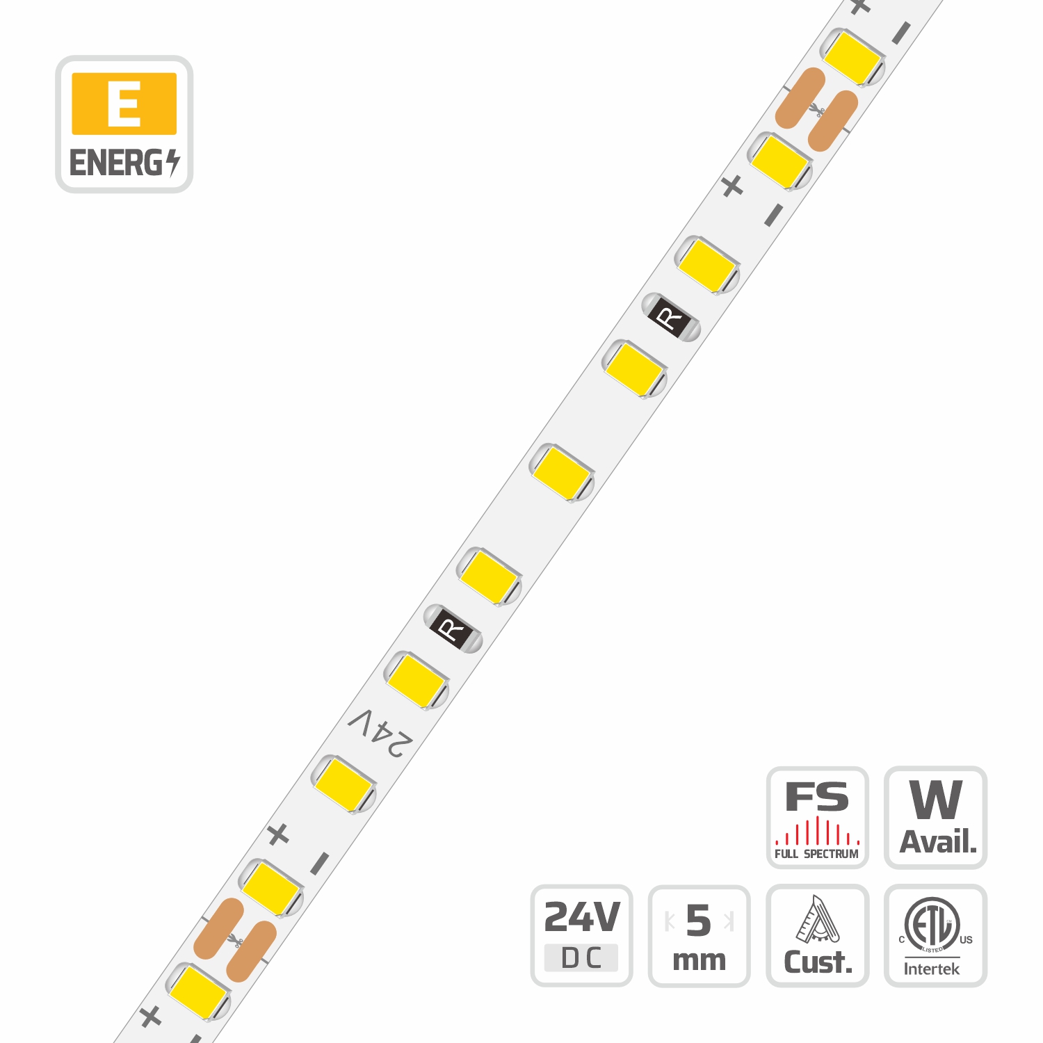 5267-FV Full Spectrum Violet Excitation SMD Strips — 24V, cuttable every 62.5mm, 5mm FPCB width, 2835 LEDs, 128 LEDs/m
