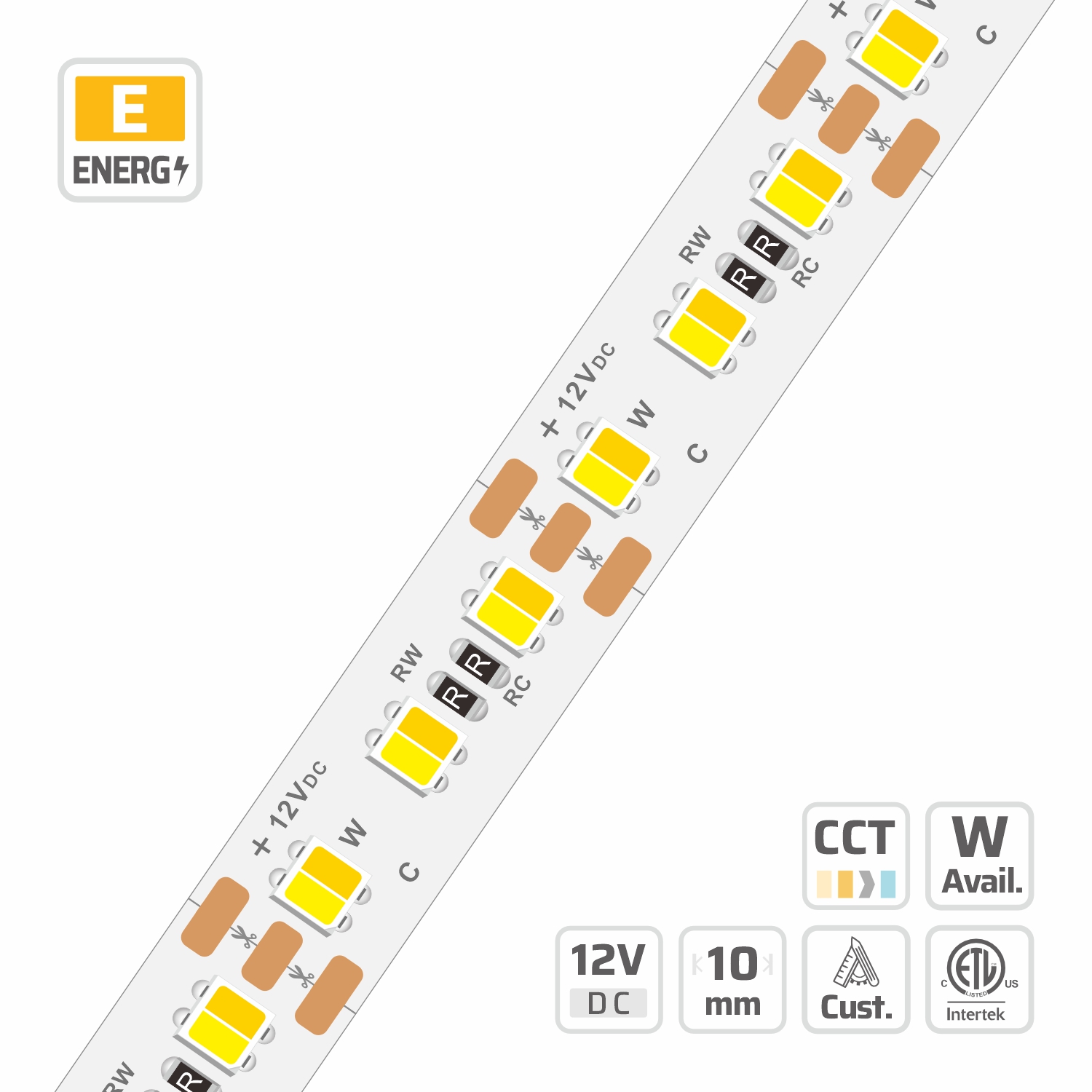 11668 3838 CCT LED Strips Two chip in one LED | 10mm | 12V | 25mm/cut | 120LEDs | #11668 — 12V, cuttable every 25mm, 10mm FPCB width, 3838 LEDs, 120 LEDs/m