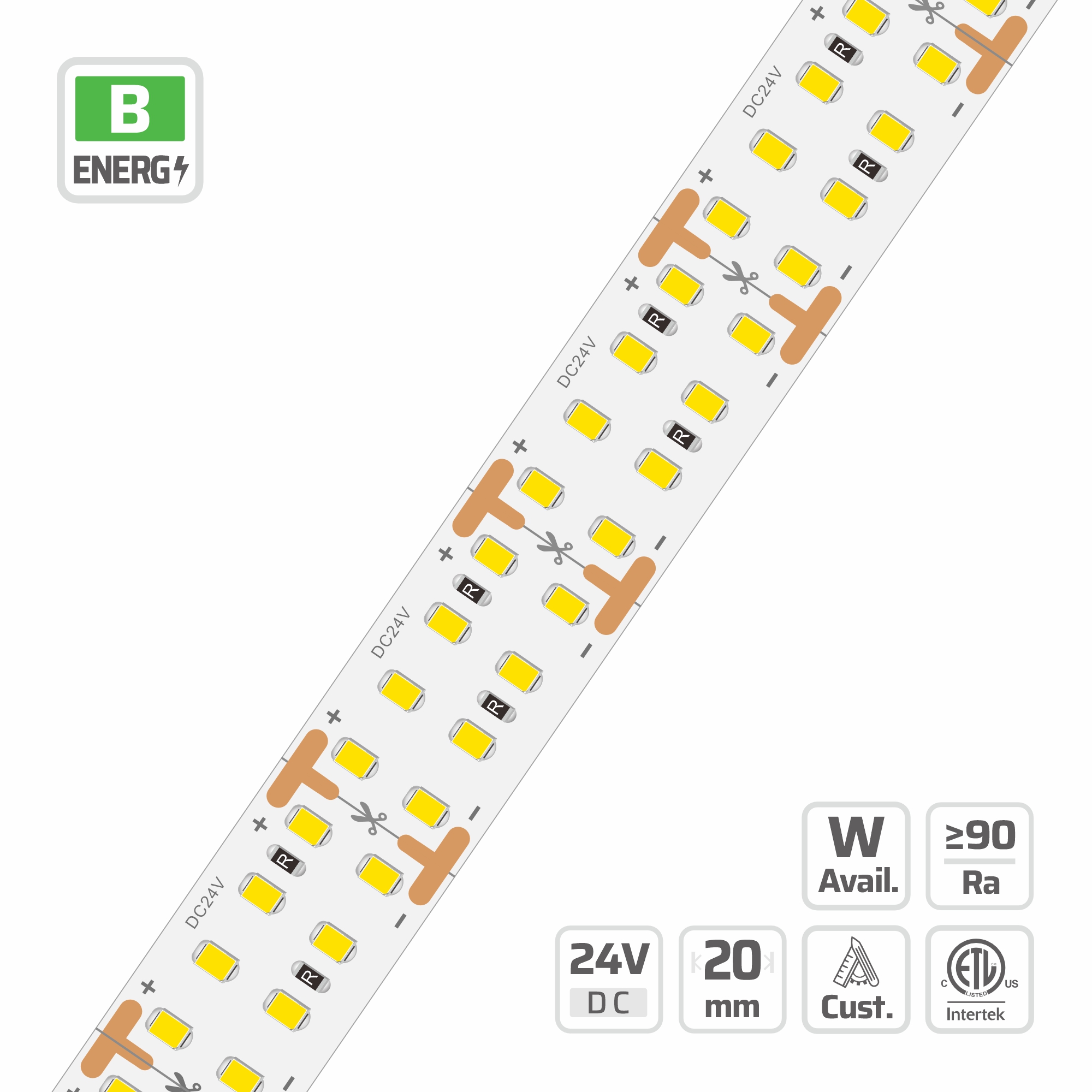 5871 · Bandes LED Haute Efficacité · 24V · cuttable 31.3mm 5871 Bandes LED Haute Efficacité — 24V, cuttable every 31.3mm, 20mm FPCB width, 2835 LEDs, 256 LEDs/m, IP20