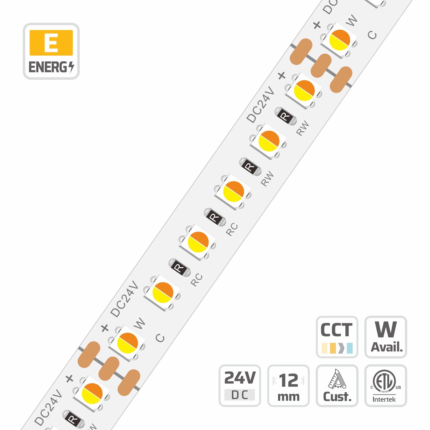 7727 · 24V · cuttable 50mm 7727 3838 CCT LED Strips Two chip in one LED | 10mm | 24V | 50mm/cut | 120LEDs | #7727 — 24V, cuttable every 50mm, 10mm FPCB width, 3838 LEDs, 120 LEDs/m