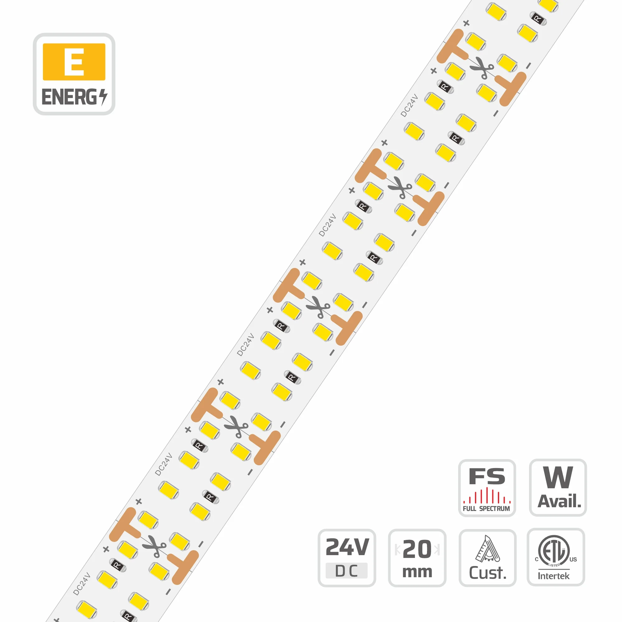20mm | 24V | 256LEDs | 31.25mm/cut | #5871-F | 2835 Full Spectrum High Light Efficacy LED Strip