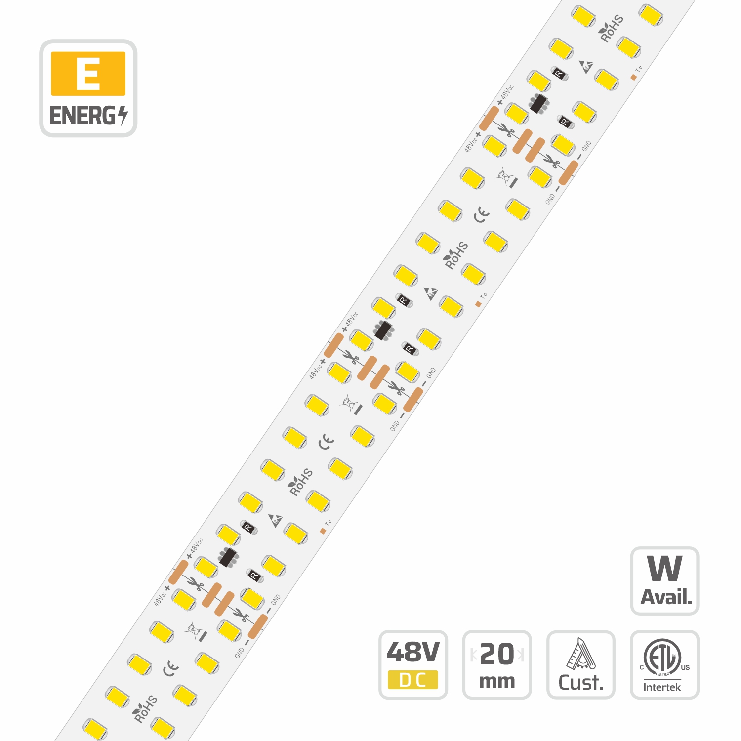 19810 wide pcb led strip — 48V, cuttable every 50mm, 20mm FPCB width, 2835 LEDs, 280 LEDs/m