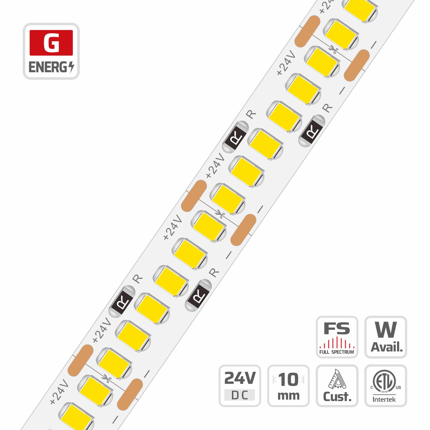 2309-FV Full Spectrum Violet Excitation SMD Strips — 24V, cuttable every 25mm, 10mm FPCB width, 2835 LEDs, 240 LEDs/m