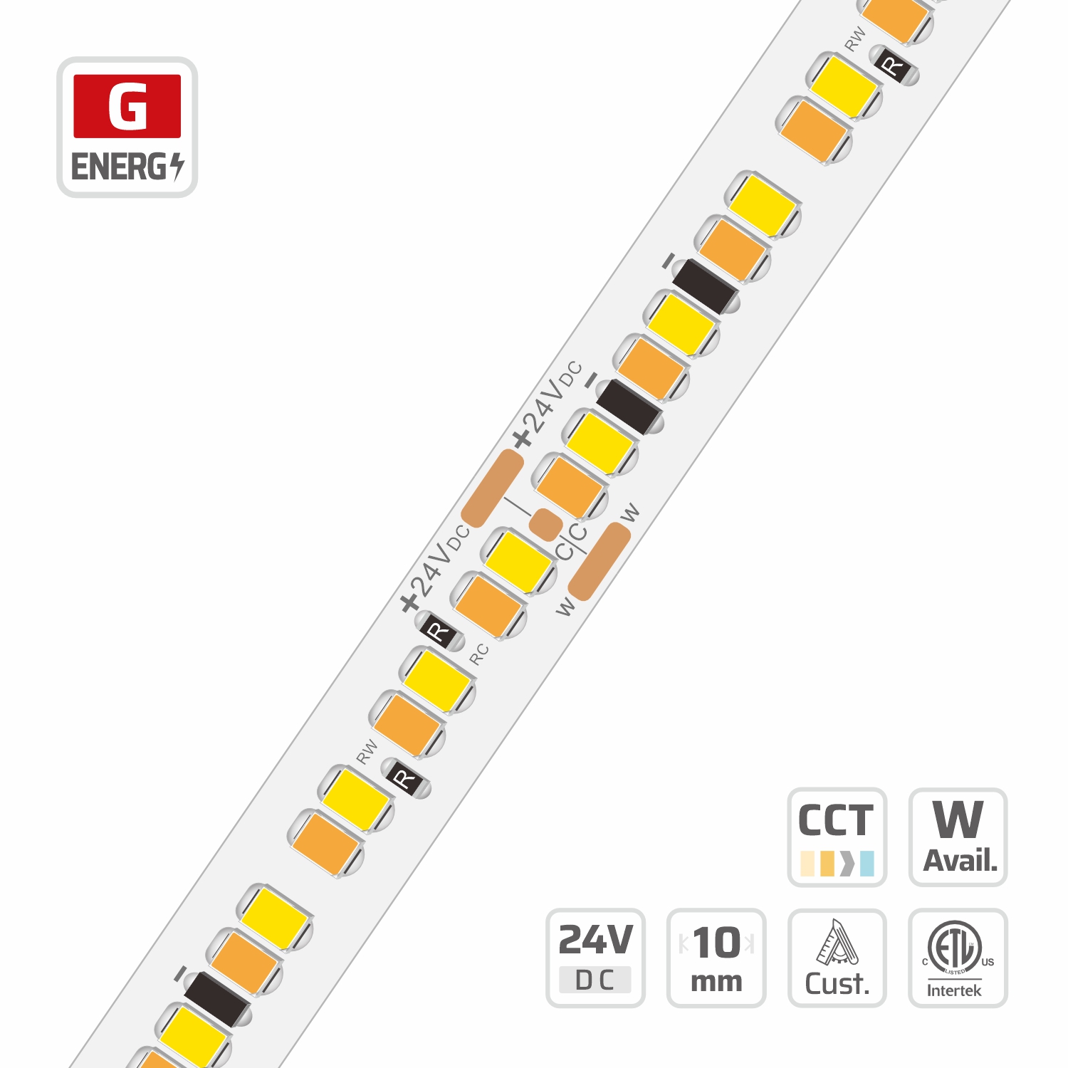 17985 · 24V · cuttable 50mm 17985 2835 CCT Tunable LED Strip Light | 10mm | 24V | 240LEDs | 50mm/cut | #17985 — 24V, cuttable every 50mm, 10mm FPCB width, 2835 LEDs, 240 LEDs/m