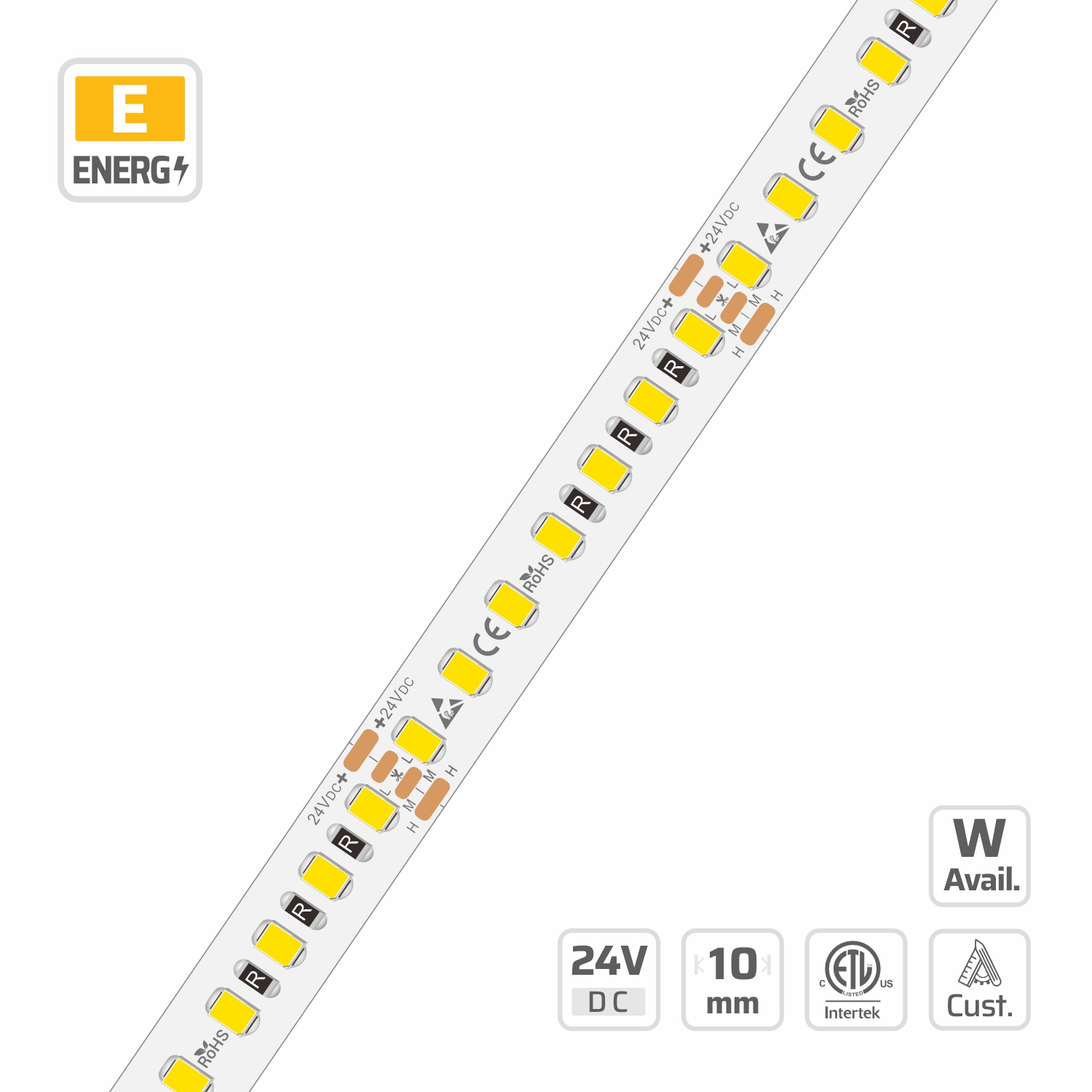 18367 · 24V · cuttable 50mm 18367 10mm | 24V | 140LEDs | 50mm/cut | #18367 | 2835 6-in-1 Adjustable Power LED Strip Light — 24V, cuttable every 50mm, 10mm FPCB width, 2835 LEDs, 140 LEDs/m