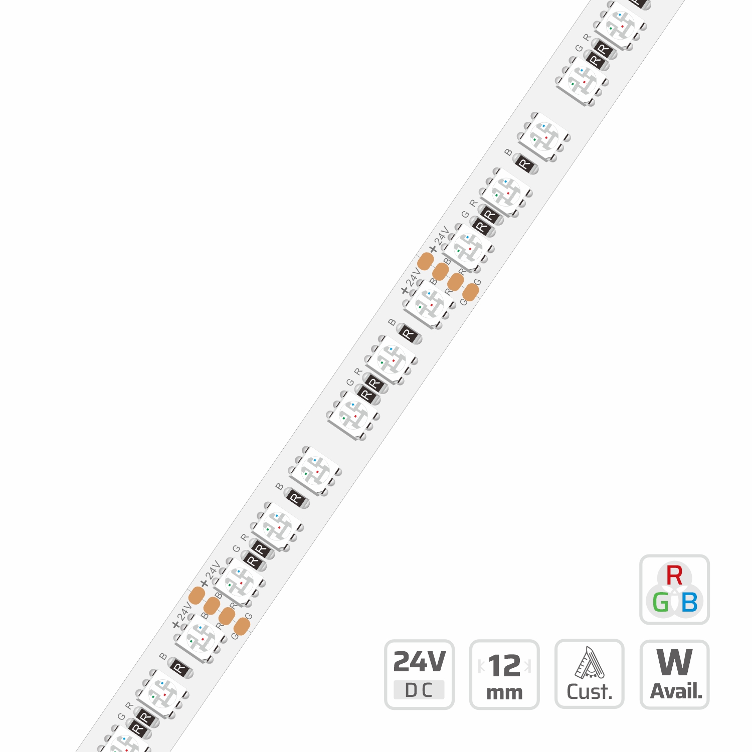 2496 · Bande LED SMD · 24V · cuttable 62.5mm 2496 Bande LED SMD — 24V, cuttable every 62.5mm, 12mm FPCB width, 5050 LEDs, 96 LEDs/m, IP20/IP65/IP67/IP68