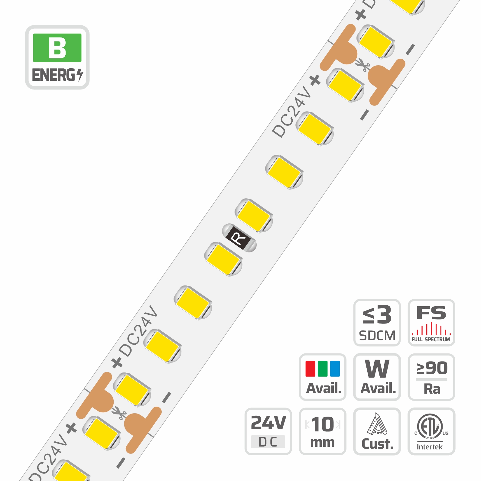 10mm | 24V | 160LEDs | 15.6W | 50cut | #5492 | 2835 High Light Efficacy High Lumen LED Strip Light