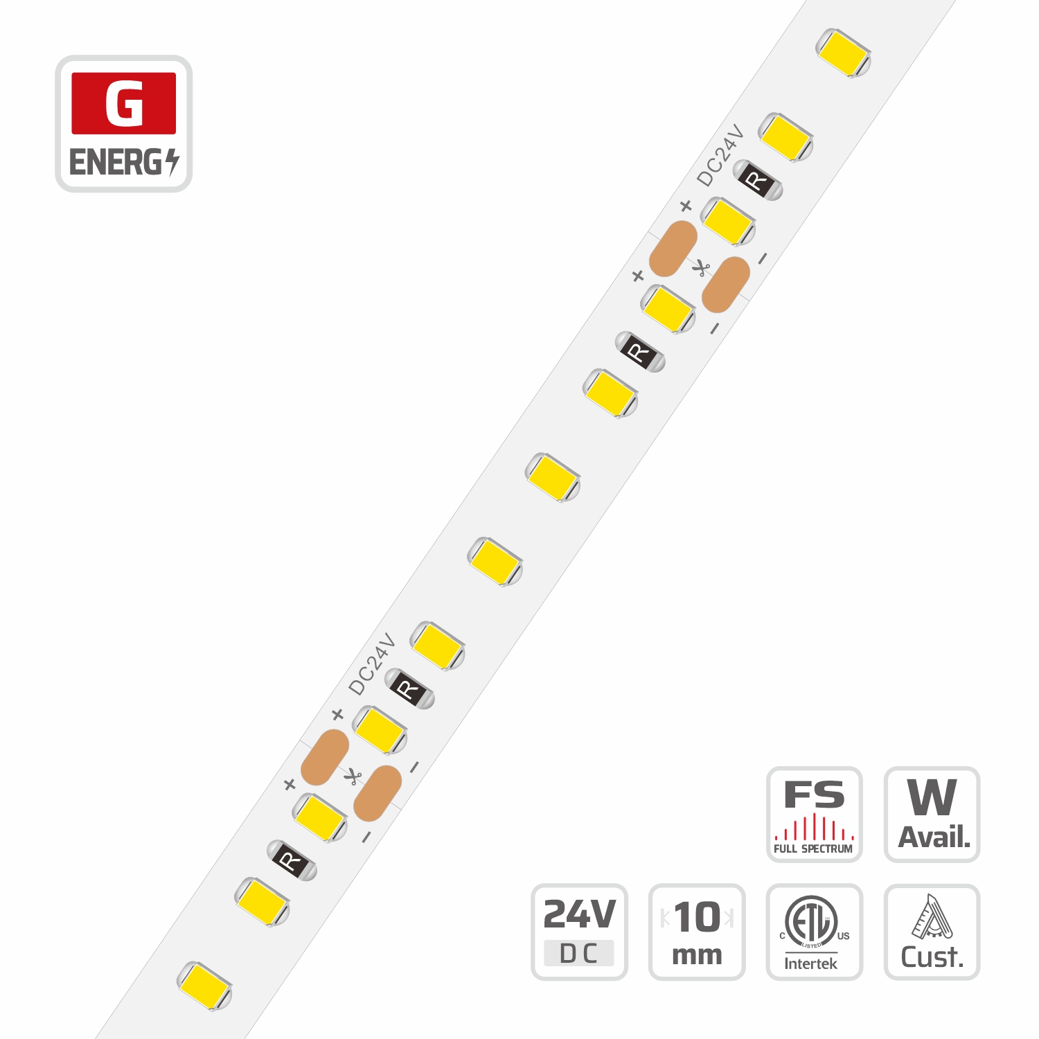 2176-FV Full Spectrum Violet Excitation SMD Strips — 24V, cuttable every 50mm, 10mm FPCB width, 2835 LEDs, 120 LEDs/m