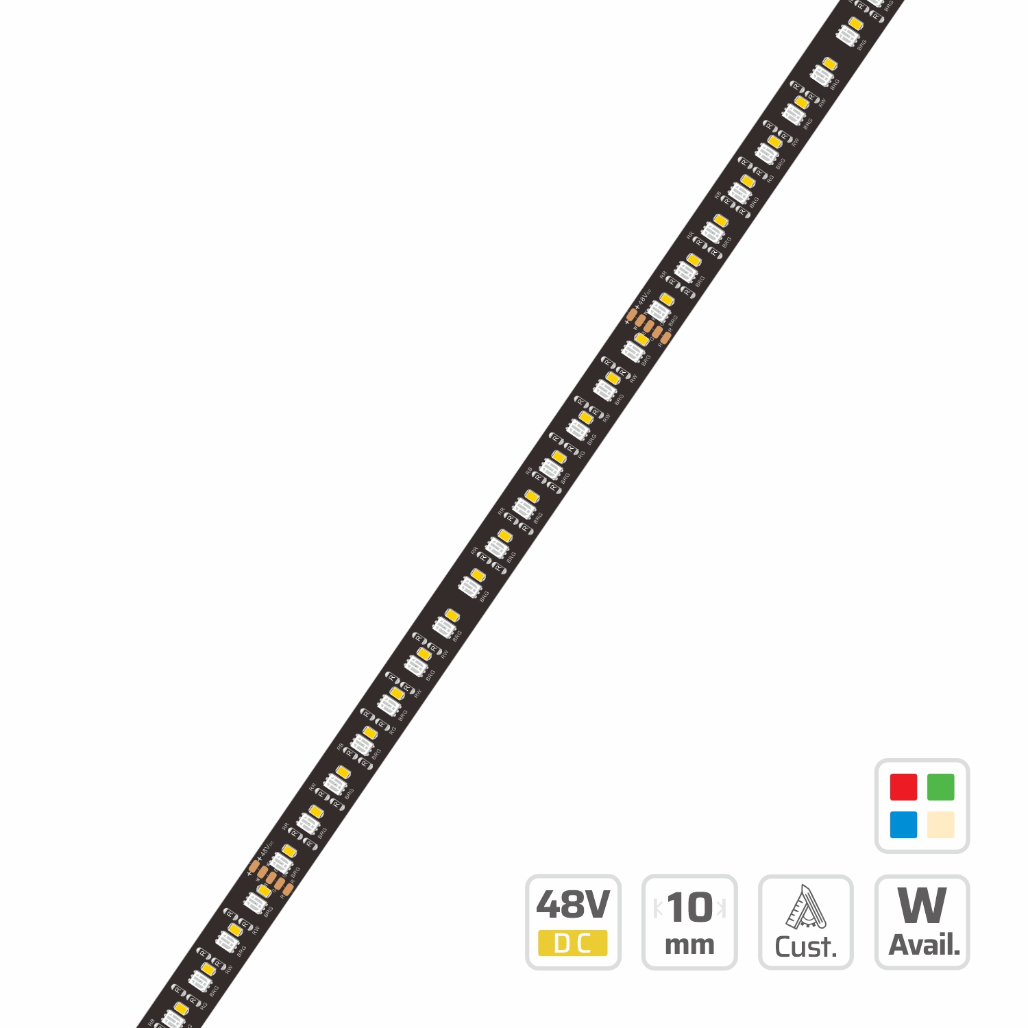 48V Mixes RGB+W Color LED Strip Light | 10mm | 48V | 224LEDs | 125mm/cut | #16786